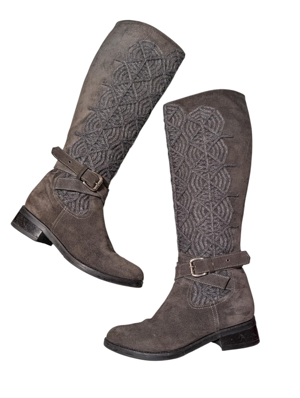 Napoleoni Leather Suede Knee High Boots Gray Woven Detailing Riding Boots EU 36